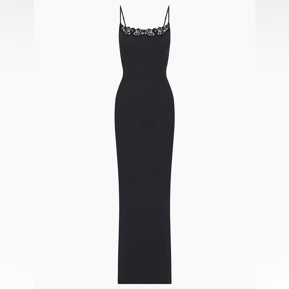 SKIMS Lace Long Slip Dress in Black